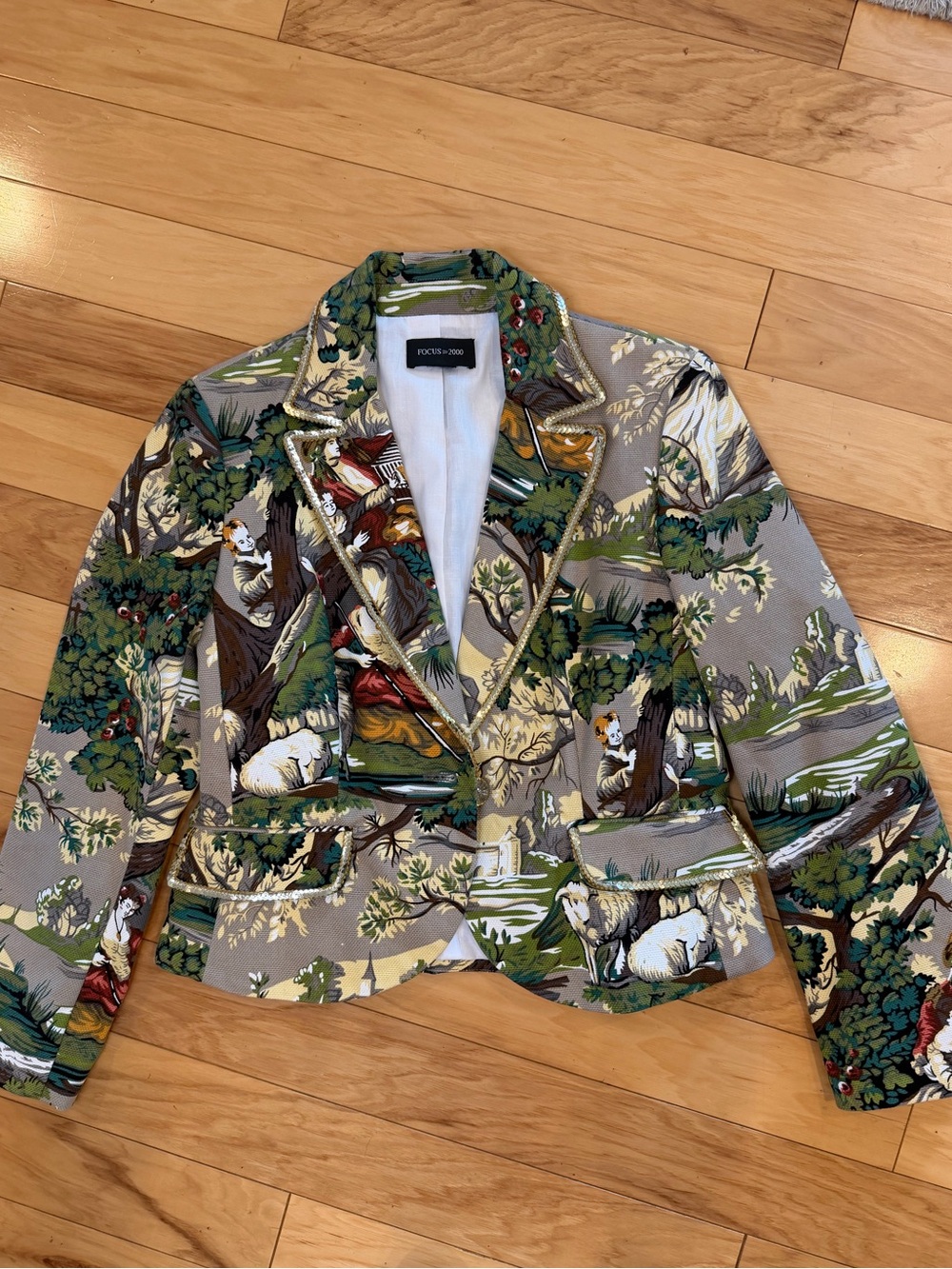 FOCUS 2000 Vintage Tapestry Blazer Toile Pastoral Sequin Trim Scenic Jacket S